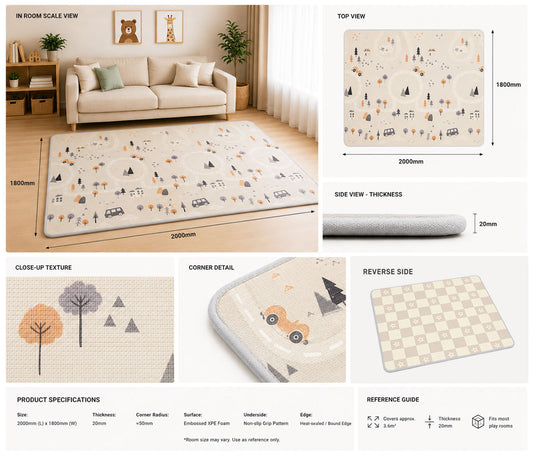Kiddiko Country Road/Star Check reversible play mat specifications — Country Road side, size and thickness