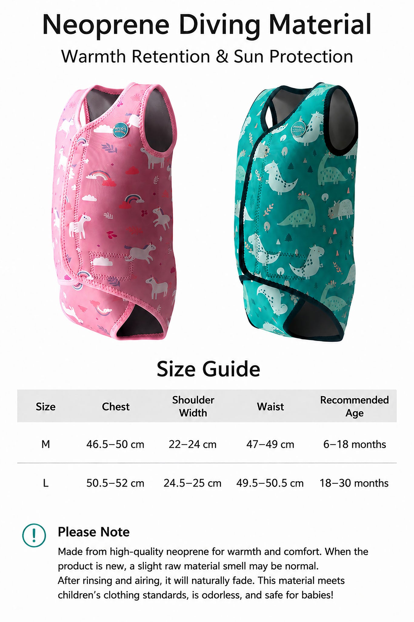 Mambobaby thermal wetsuit size guide and colour options — Unicorn Pink and Dino Blue