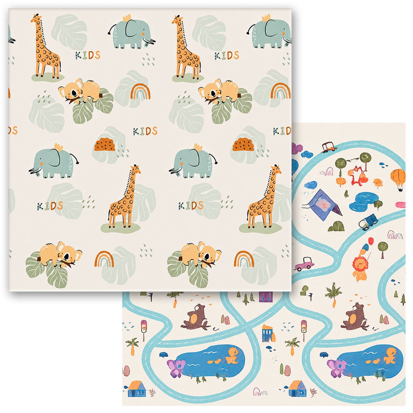 Kiddiko Animal Kids/Cross Country reversible play mat — flat lay, both sides shown