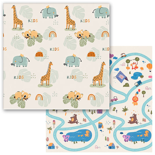Kiddiko Animal Kids/Cross Country reversible play mat — flat lay, both sides shown