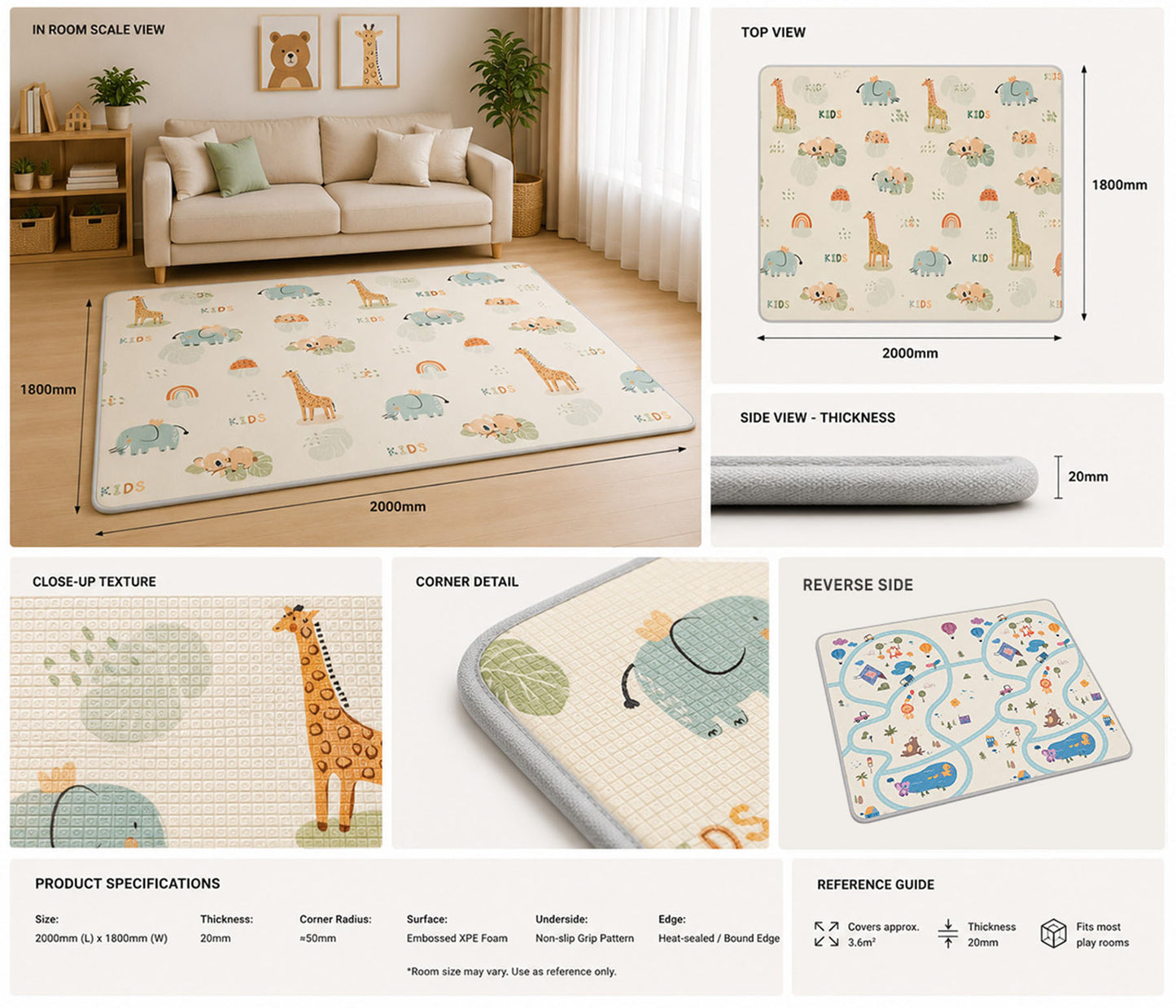 Kiddiko Animal Kids/Cross Country reversible play mat specifications — Animal Kids side, size and thickness