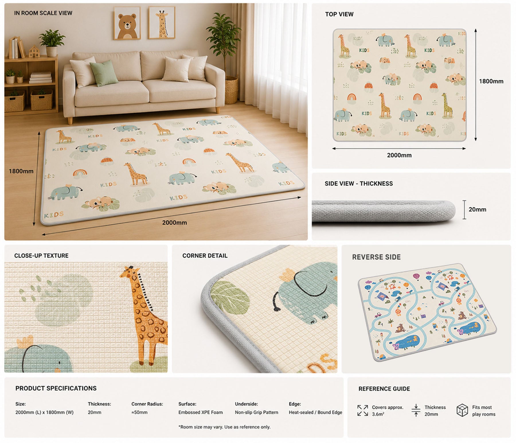 Kiddiko Animal Kids/Cross Country reversible play mat specifications — Animal Kids side, size and thickness