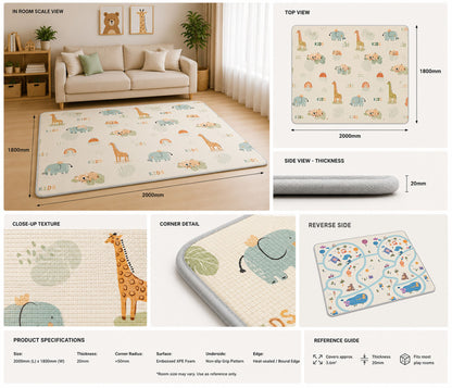 Kiddiko Animal Kids/Cross Country reversible play mat specifications — Animal Kids side, size and thickness