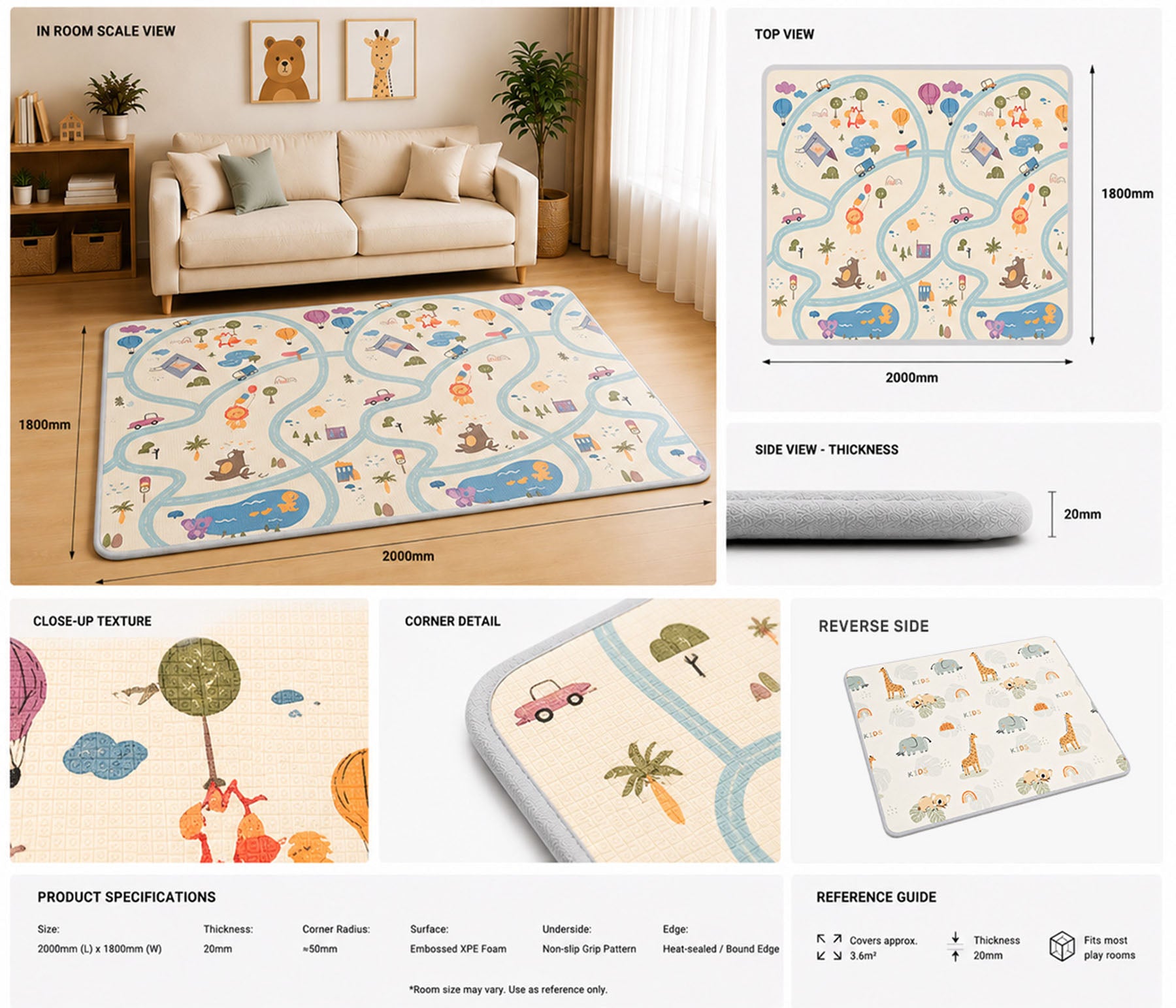 Kiddiko Animal Kids/Cross Country reversible play mat specifications — Cross Country side, size and thickness