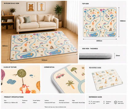 Kiddiko Animal Kids/Cross Country reversible play mat specifications — Cross Country side, size and thickness