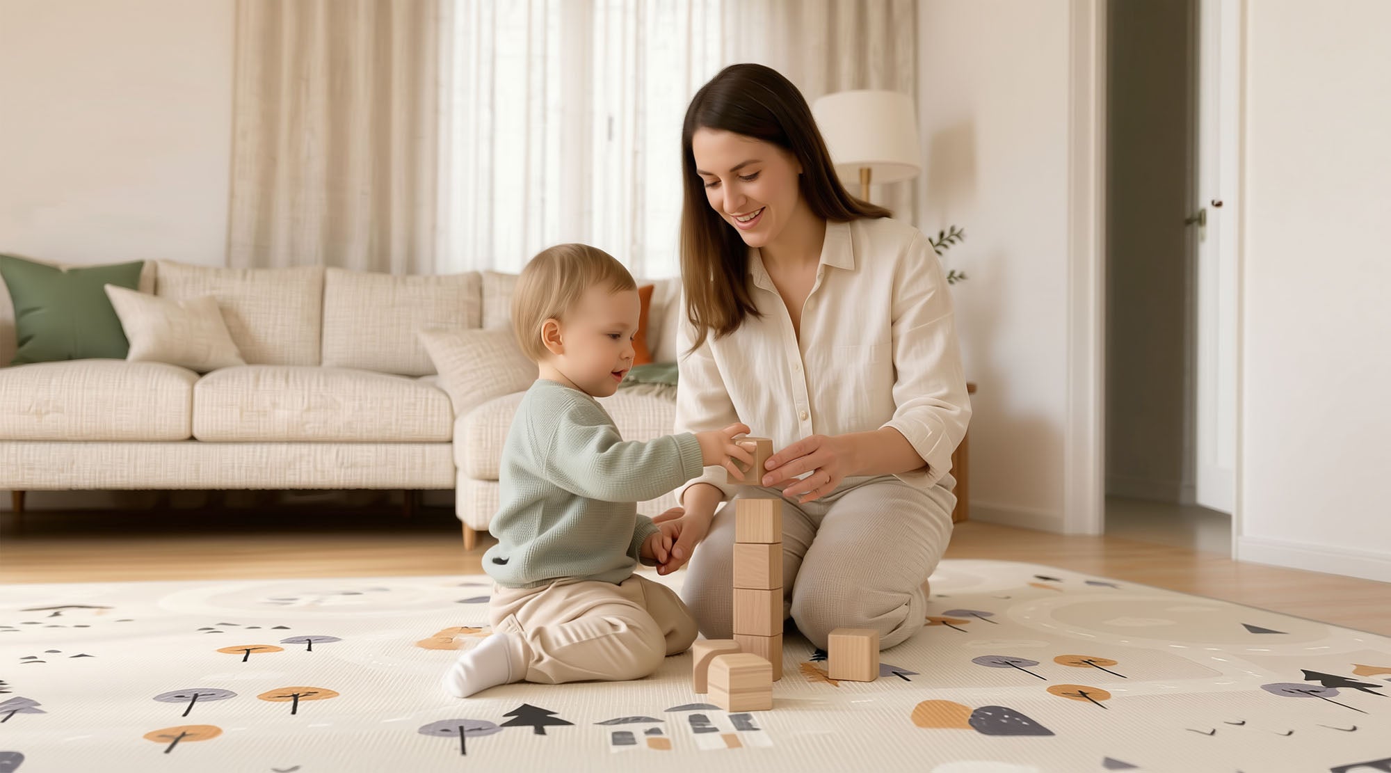Baby playing safely on a Kiddiko play mat in a bright, modern living room