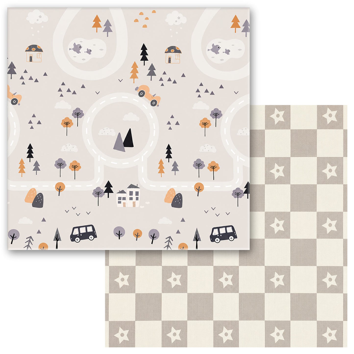 Kiddiko Country Road/Star Check reversible play mat — flat lay, both sides shown