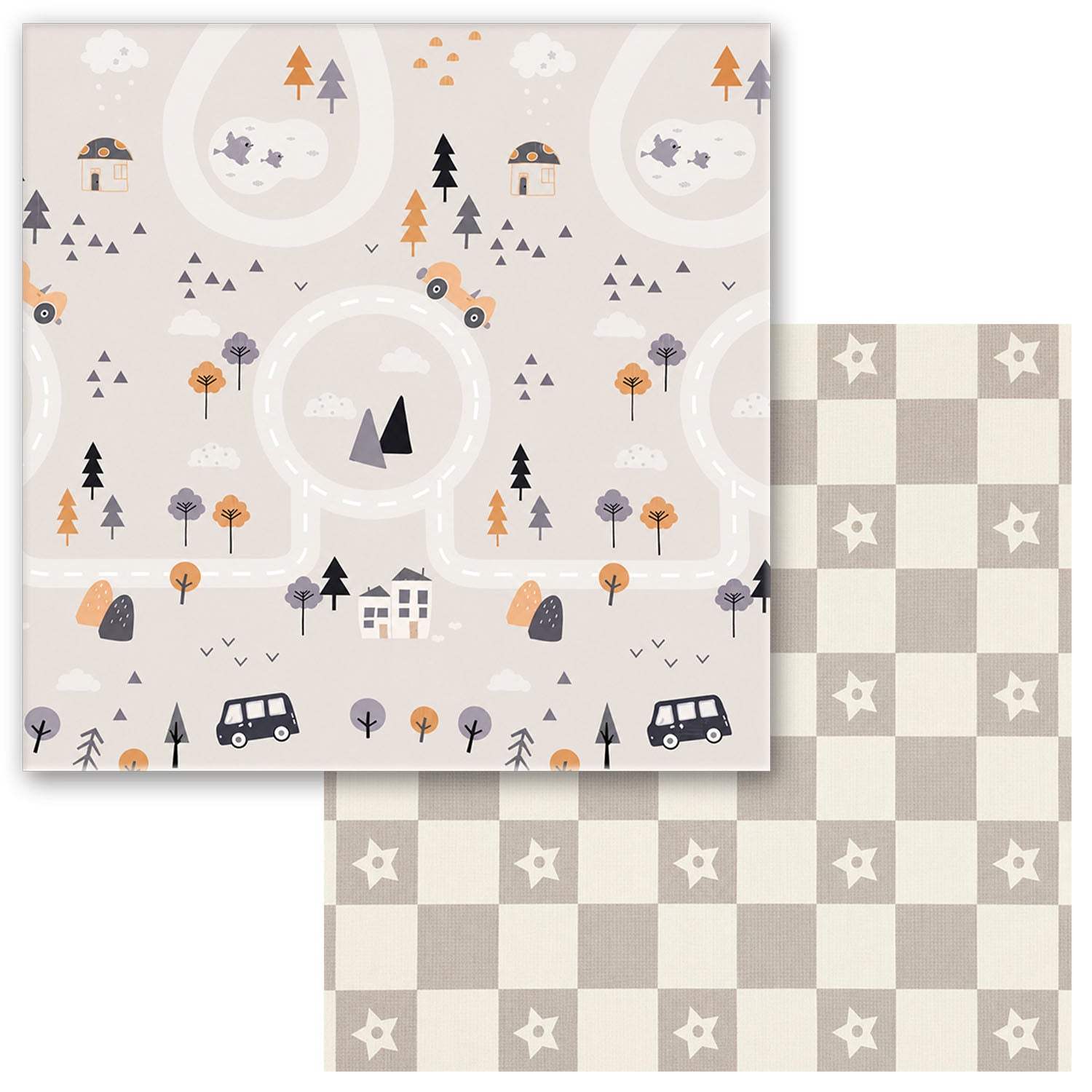 Kiddiko Country Road/Star Check reversible play mat — flat lay, both sides shown
