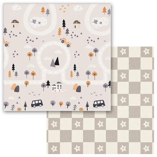 Kiddiko Country Road/Star Check reversible play mat — flat lay, both sides shown