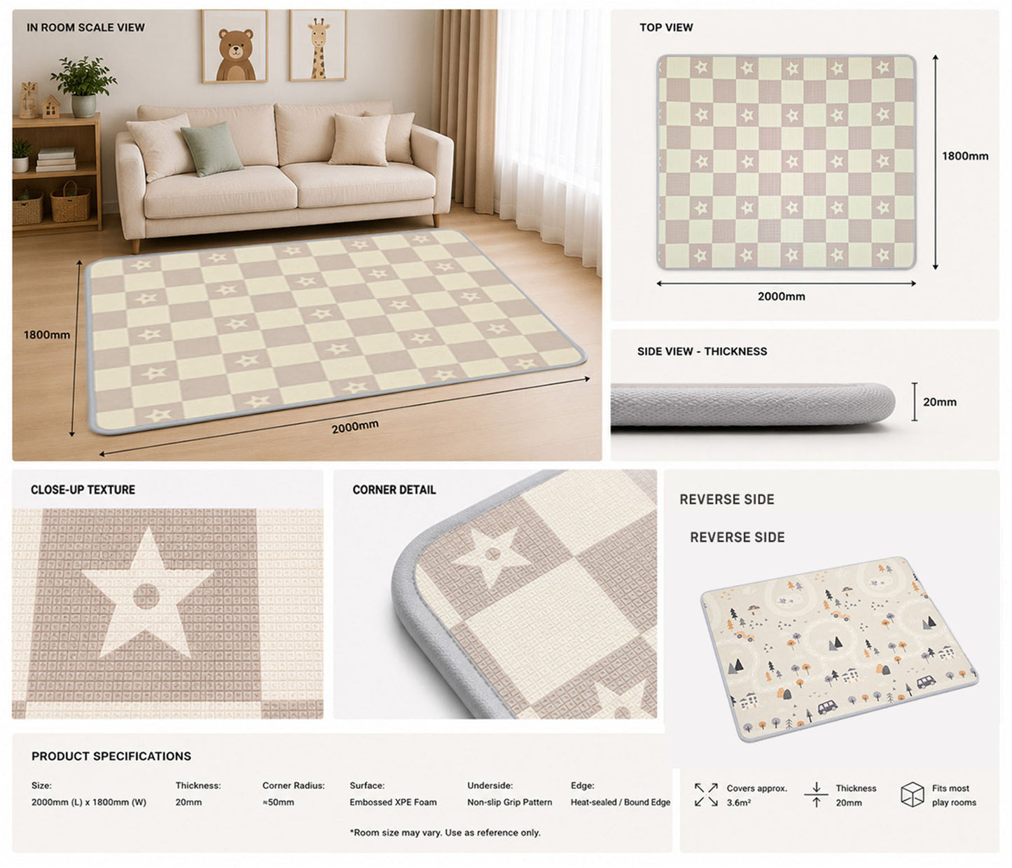 Kiddiko Country Road/Star Check reversible play mat specifications — Star Check side, size and thickness