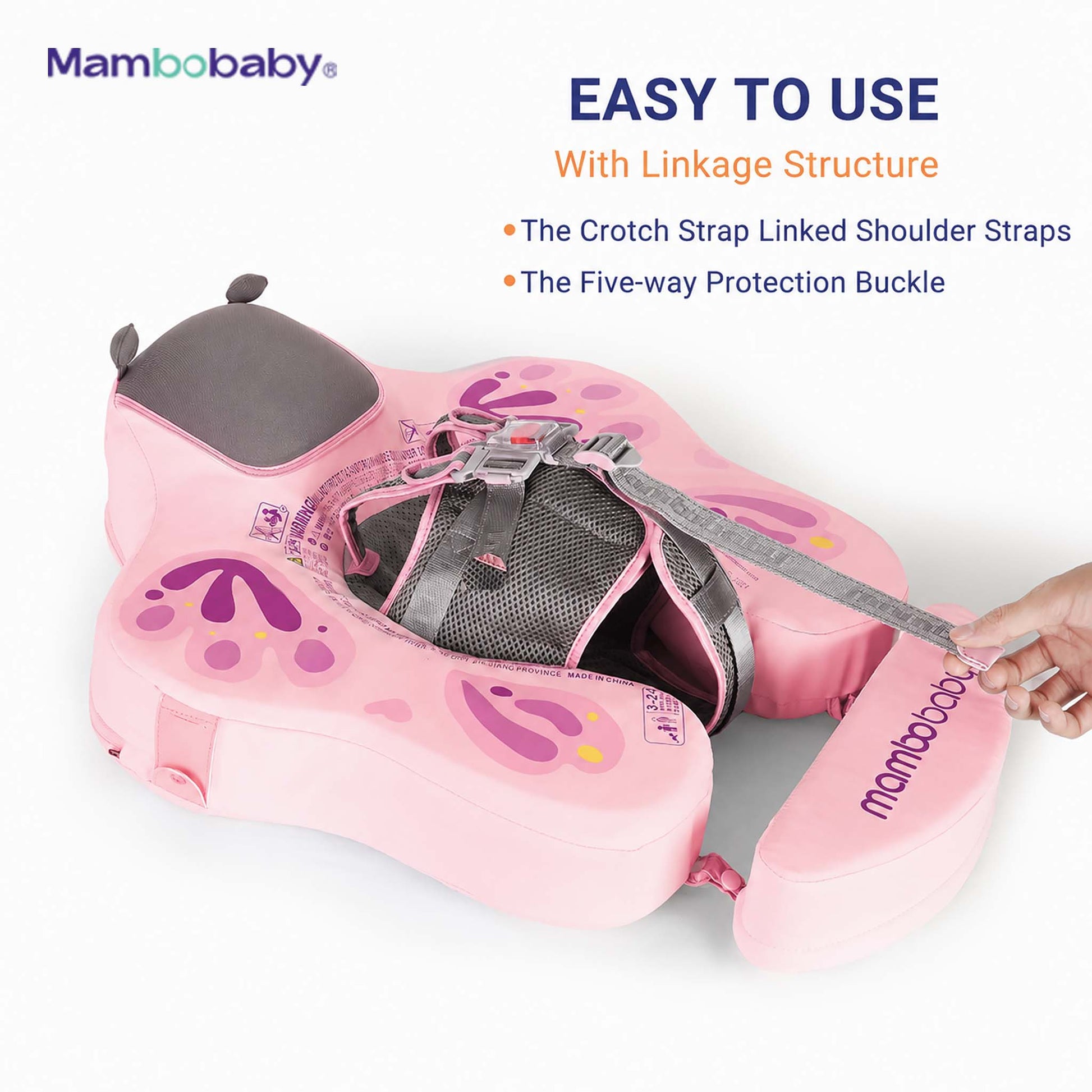 Kiddiko Mambobaby pink baby float — 5-point harness with linkage structure
