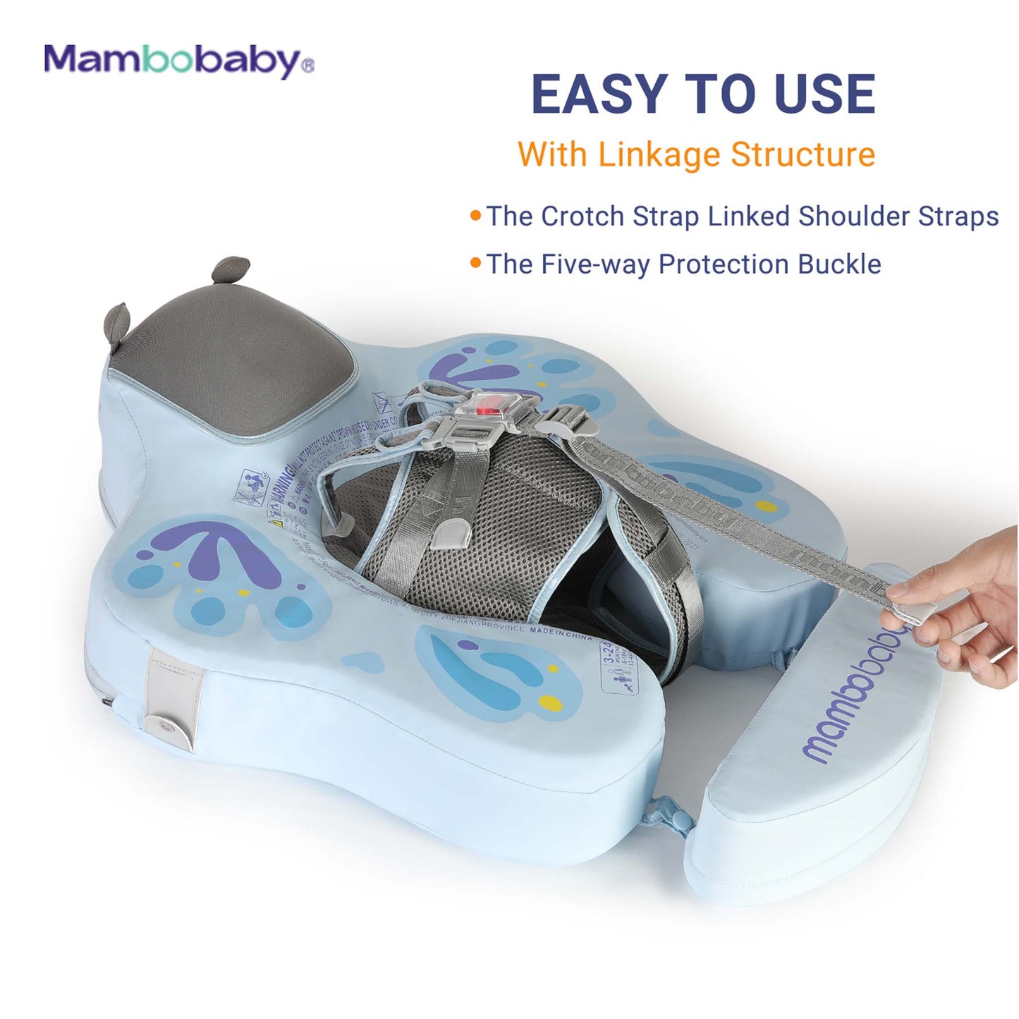 Mambobaby baby float's 5-point harness with linkage structure and five-way protection buckle