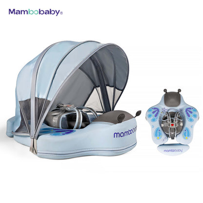 Mambobaby baby float with UPF 50+ sun canopy, blue, front and top view