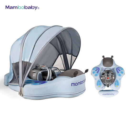 Mambobaby baby float with UPF 50+ sun canopy, blue, front and top view