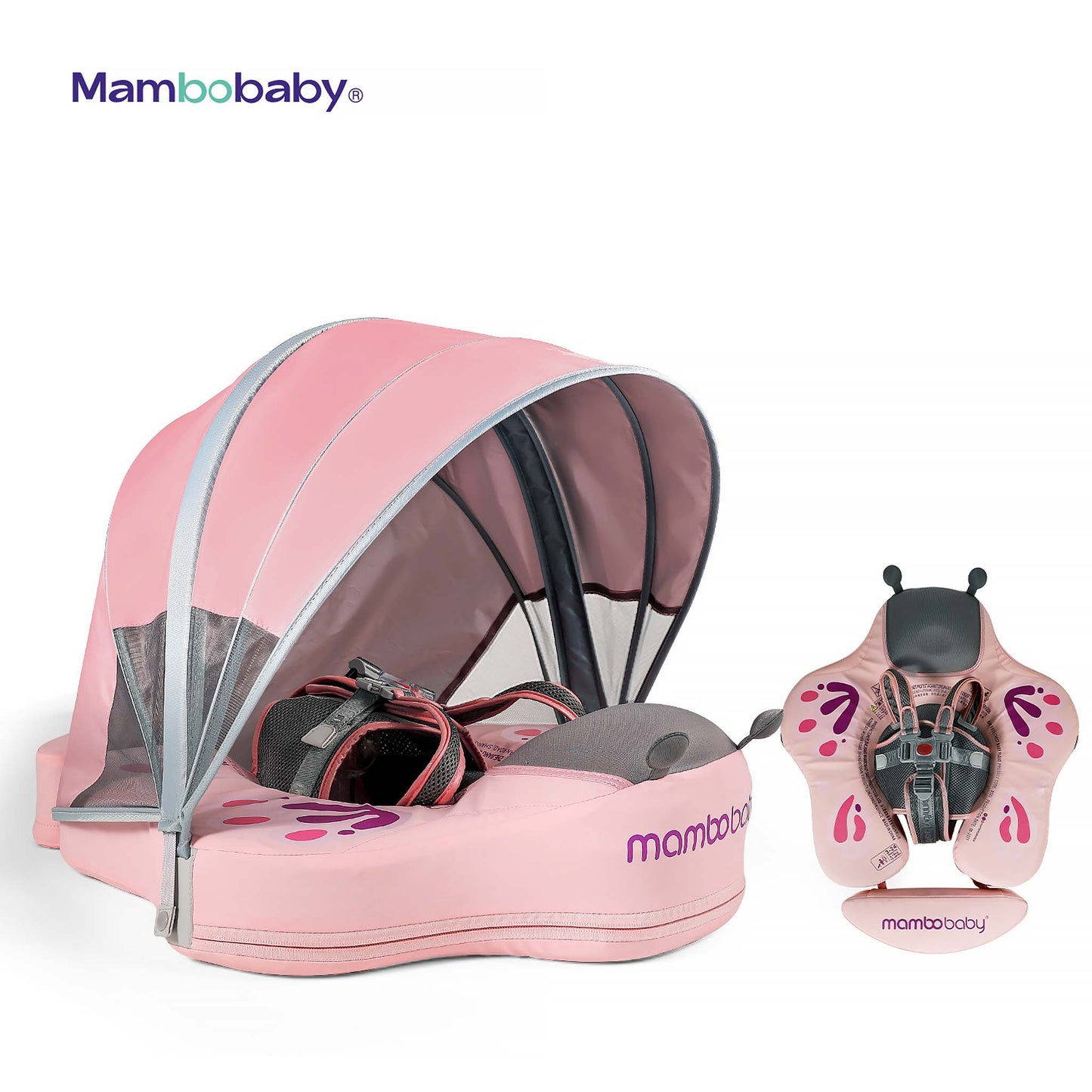 Kiddiko Mambobaby pink baby float with sun canopy attached, front and top view