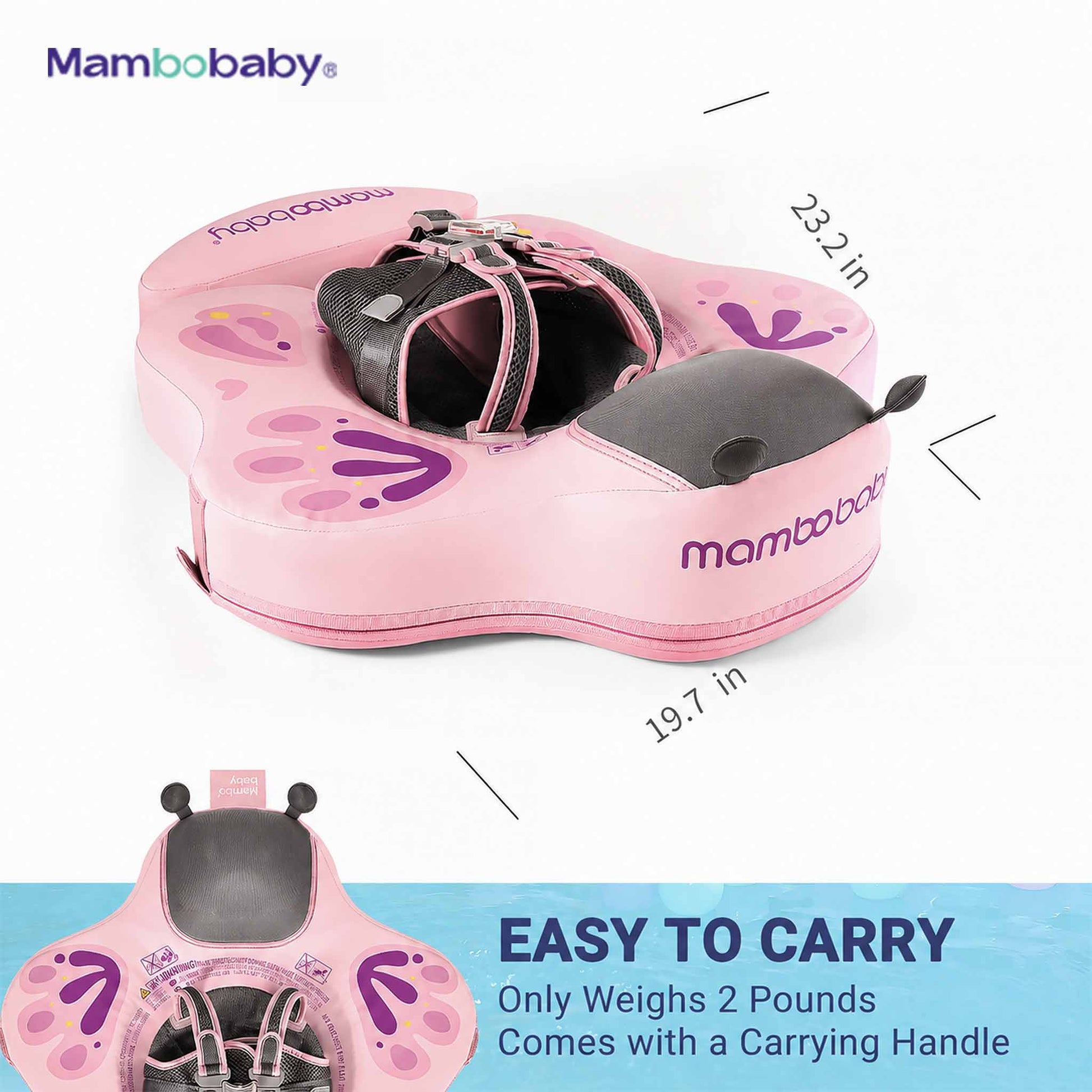 Kiddiko Mambobaby pink baby float dimensions — 23.2 x 19.7 inches, easy to carry