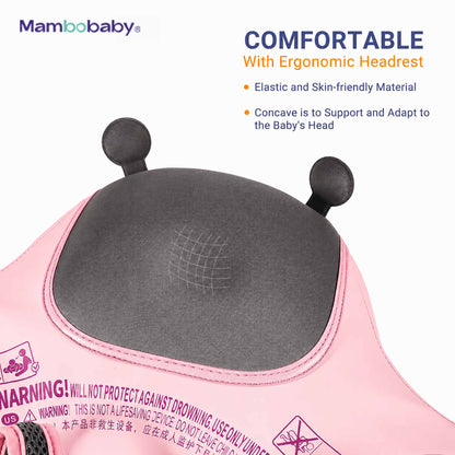Kiddiko Mambobaby pink baby float ergonomic headrest close-up with safety warning label