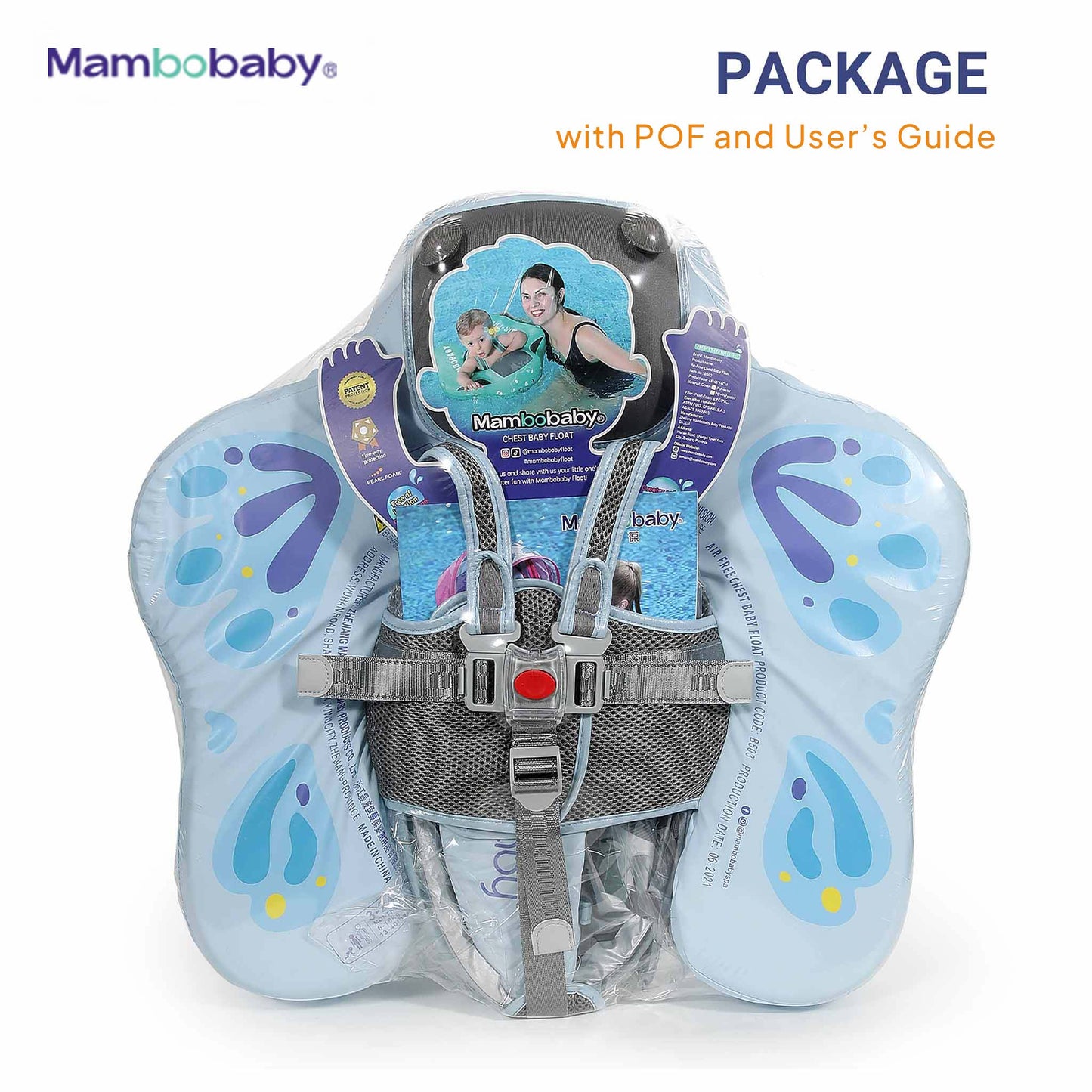 Mambobaby baby float packaging with patent certification and user guide