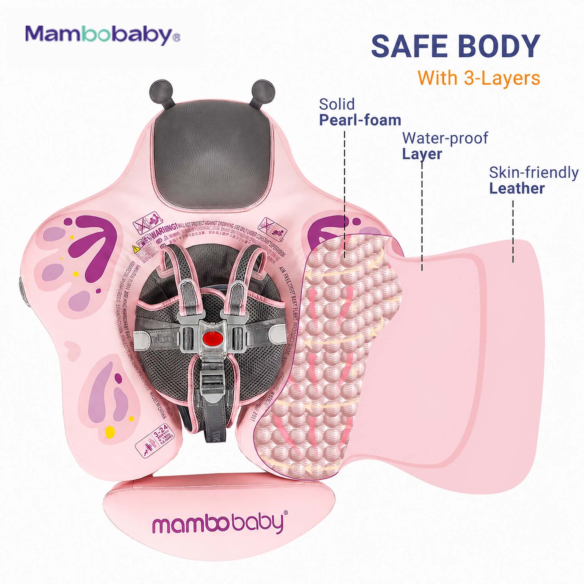 Kiddiko Mambobaby pink baby float 3-layer safety construction — pearl foam, waterproof, skin-friendly leather