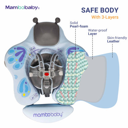 Mambobaby baby float's 3-layer construction — pearl foam core, waterproof layer, skin-friendly leather