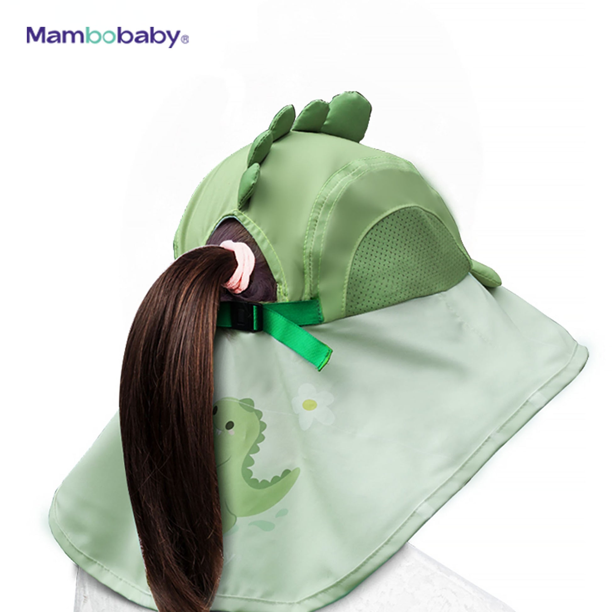 Back view of Mambobaby Dino sun hat showing ponytail opening and adjustable strap