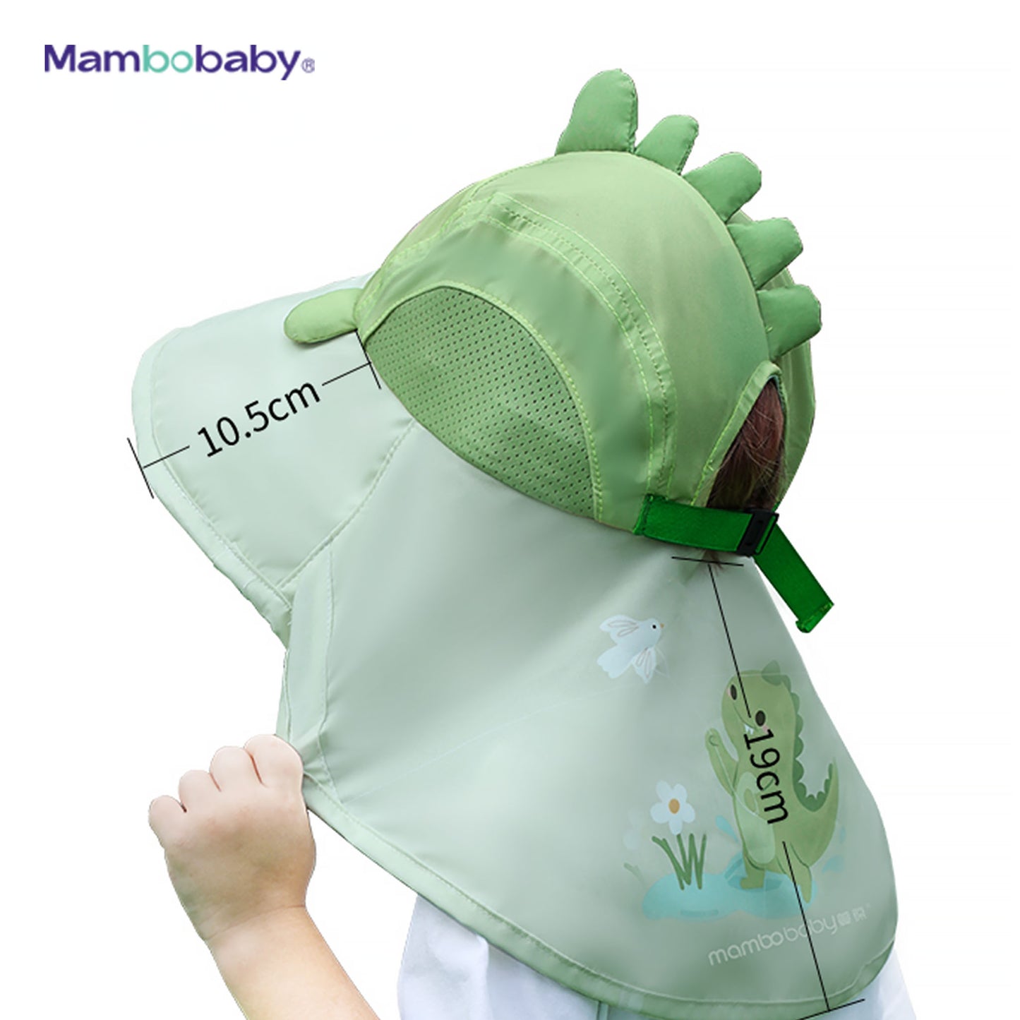 Mambobaby Dino sun hat dimensions — 10.5cm brim, 19cm neck flap