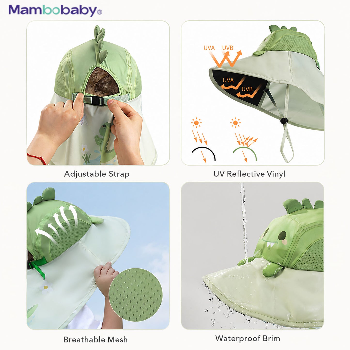 Mambobaby Dino sun hat features — adjustable strap, UV reflective vinyl, breathable mesh, waterproof brim