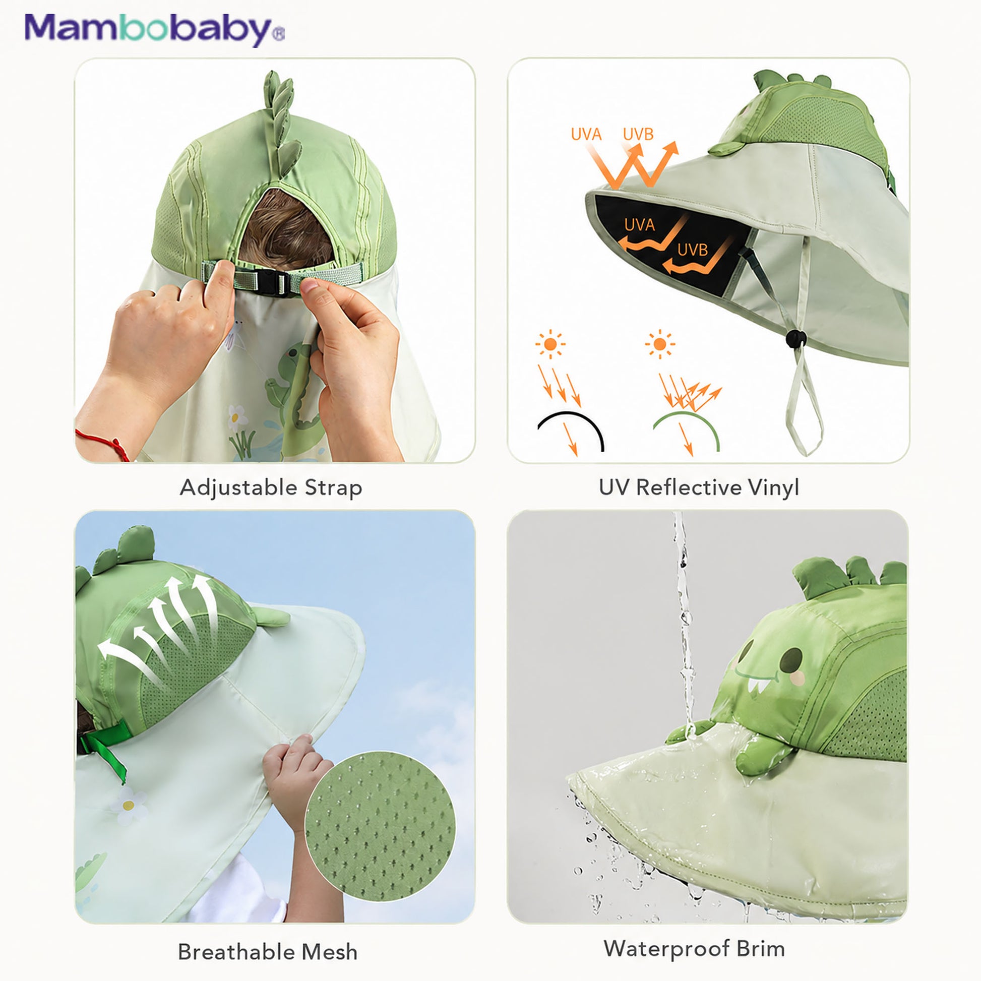 Mambobaby Dino sun hat features — adjustable strap, UV reflective vinyl, breathable mesh, waterproof brim