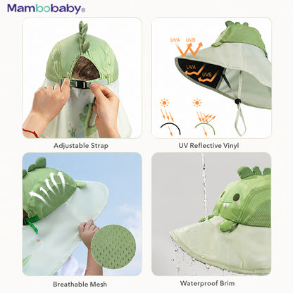 Mambobaby Dino sun hat features — adjustable strap, UV reflective vinyl, breathable mesh, waterproof brim