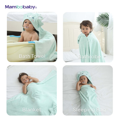 Mambobaby hooded towel shown as bath towel, bathrobe, blanket, and sleeping bag