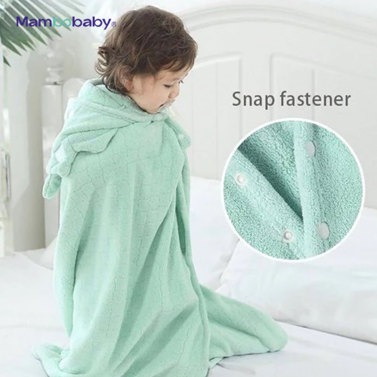 Close-up of Mambobaby hooded towel's snap fastener closure