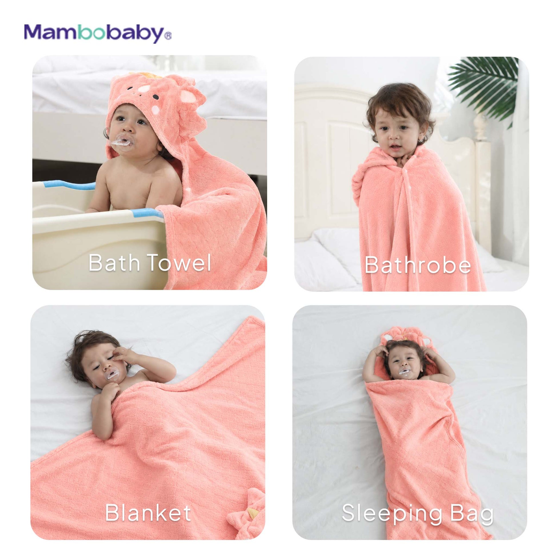 Mambobaby hooded towel shown as bath towel, bathrobe, blanket, and sleeping bag