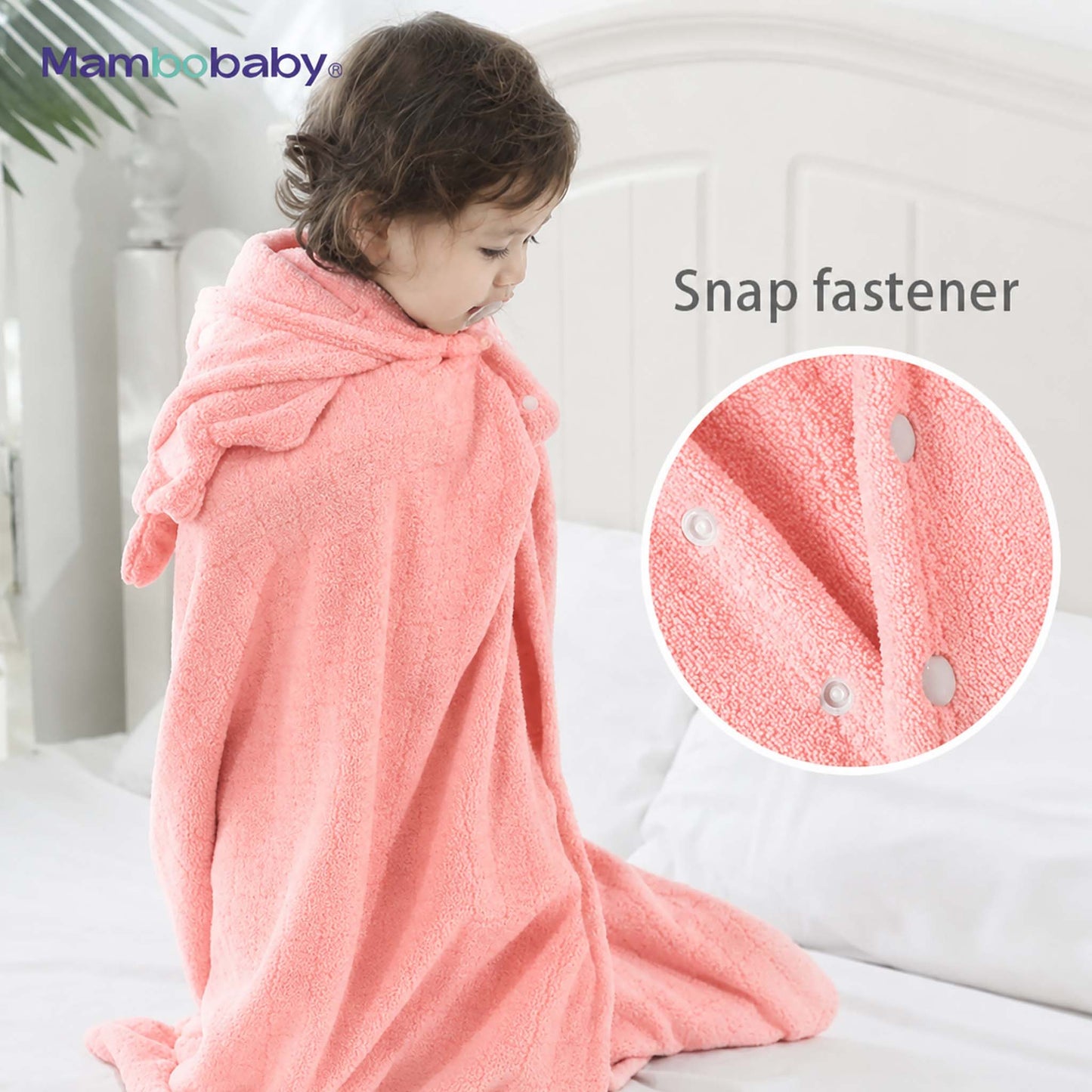 Close-up of Mambobaby hooded towel's snap fastener closure