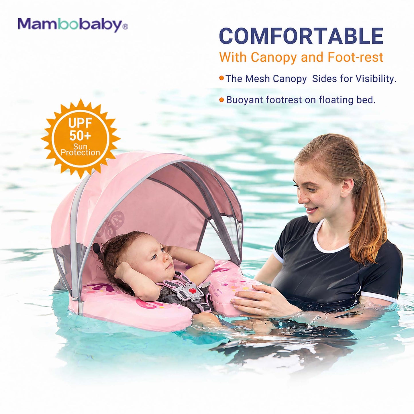 Baby resting in Kiddiko Mambobaby pink baby float with UPF50+ canopy and footrest