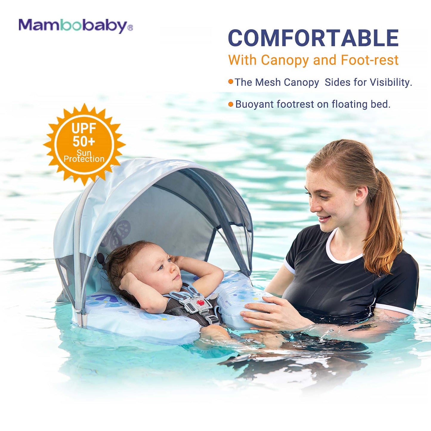 Mother and baby using Mambobaby pool float with canopy up in swimming pool