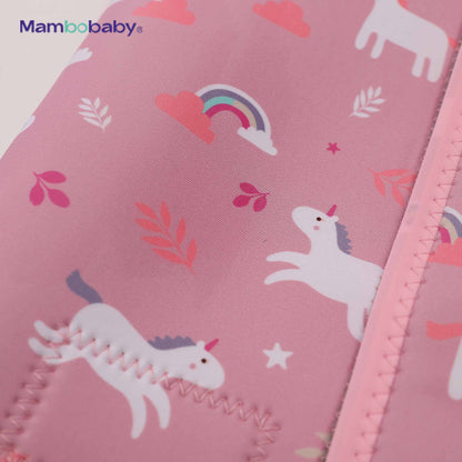 Close-up of unicorn and rainbow print detail on thermal wetsuit fabric