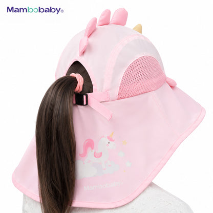Back view of Mambobaby Unicorn sun hat showing ponytail opening and adjustable strap