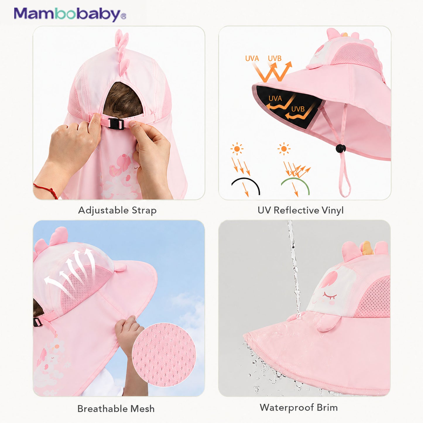 Mambobaby Unicorn sun hat features — adjustable strap, UV reflective vinyl, breathable mesh, waterproof brim