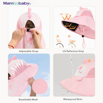 Mambobaby Unicorn sun hat features — adjustable strap, UV reflective vinyl, breathable mesh, waterproof brim