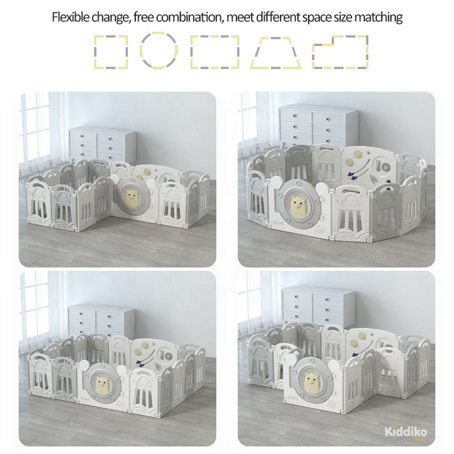 Kiddiko play pen adjustable shapes — square, circle, rectangle, L-shape configurations
