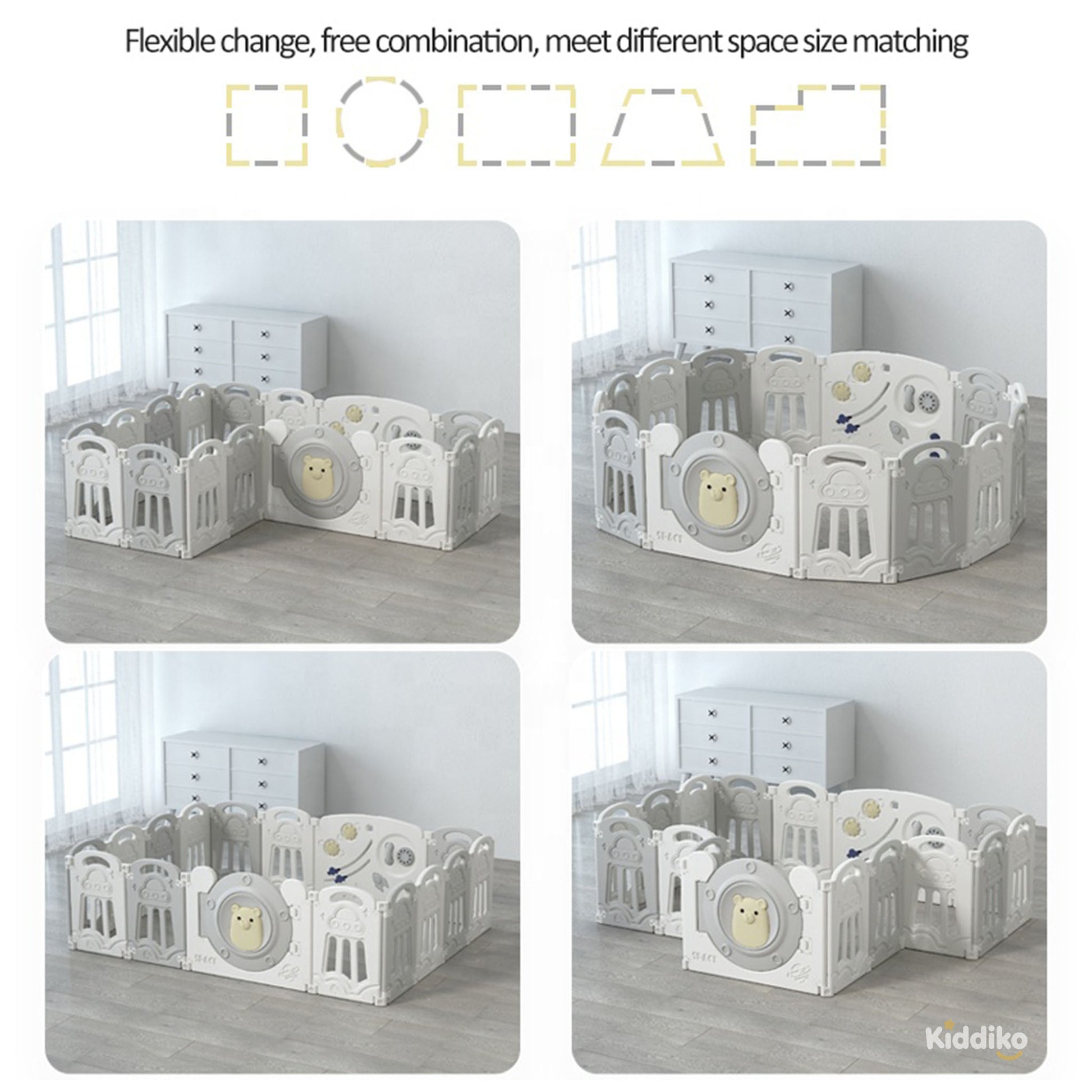 Kiddiko play pen adjustable shapes — square, circle, rectangle, L-shape configurations
