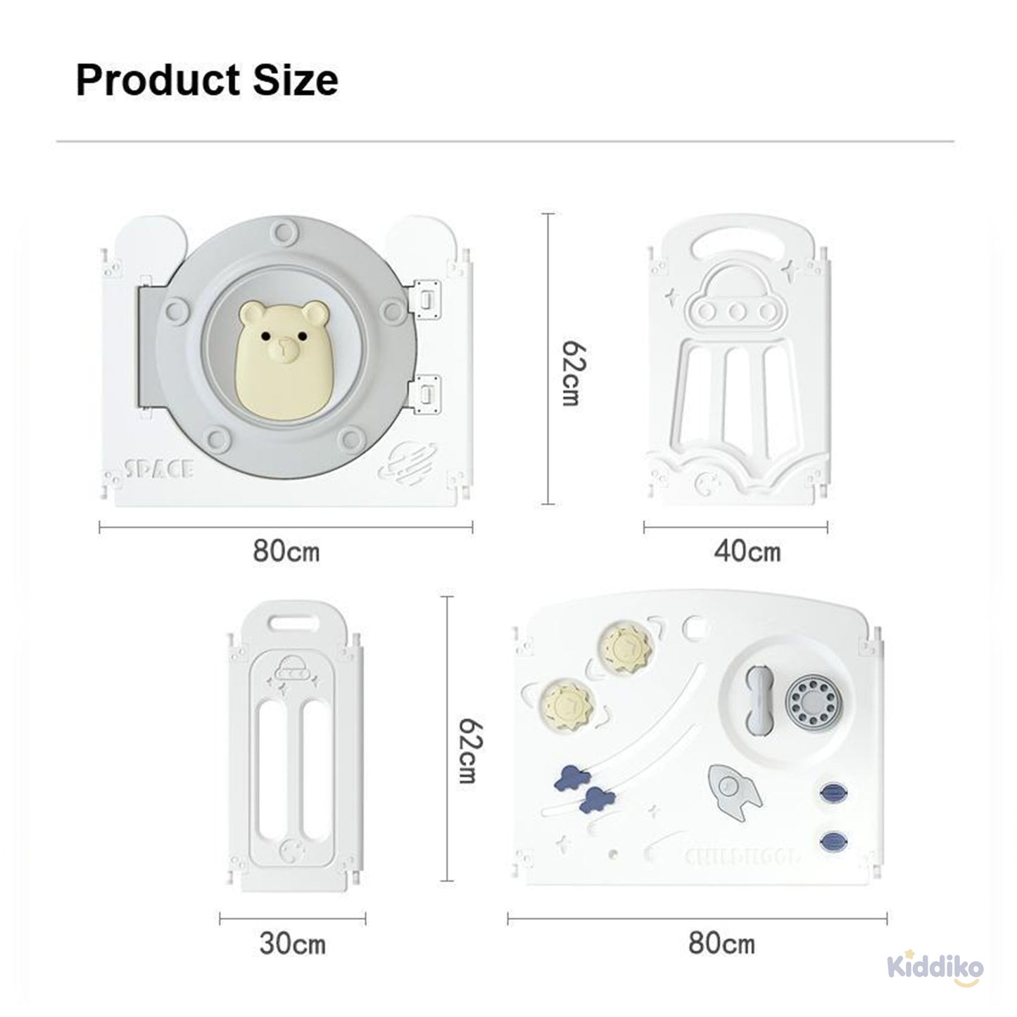 Kiddiko play pen panel dimensions — 80cm x 62cm, 40cm x 62cm, 30cm x 62cm