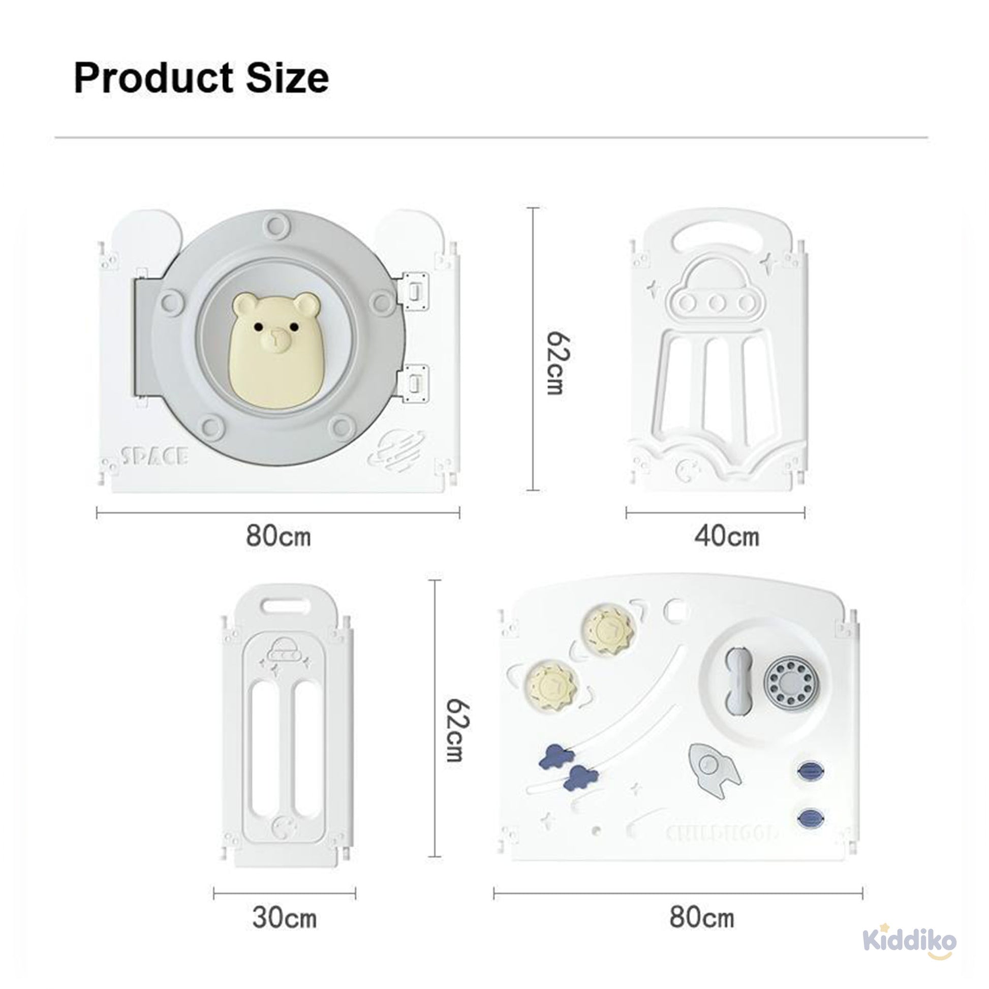Kiddiko play pen panel dimensions — 80cm x 62cm, 40cm x 62cm, 30cm x 62cm