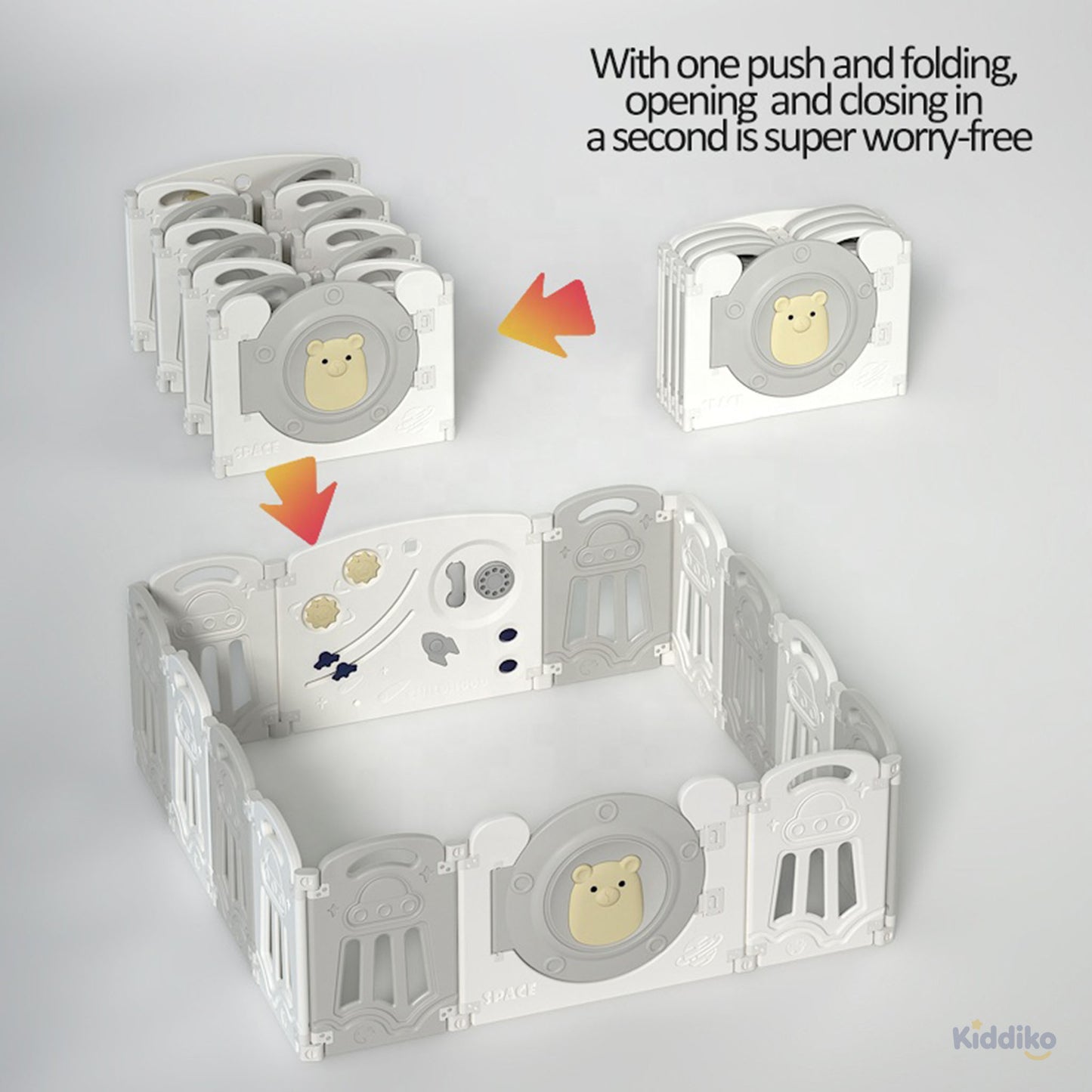 How the Kiddiko foldable play pen opens and folds in seconds
