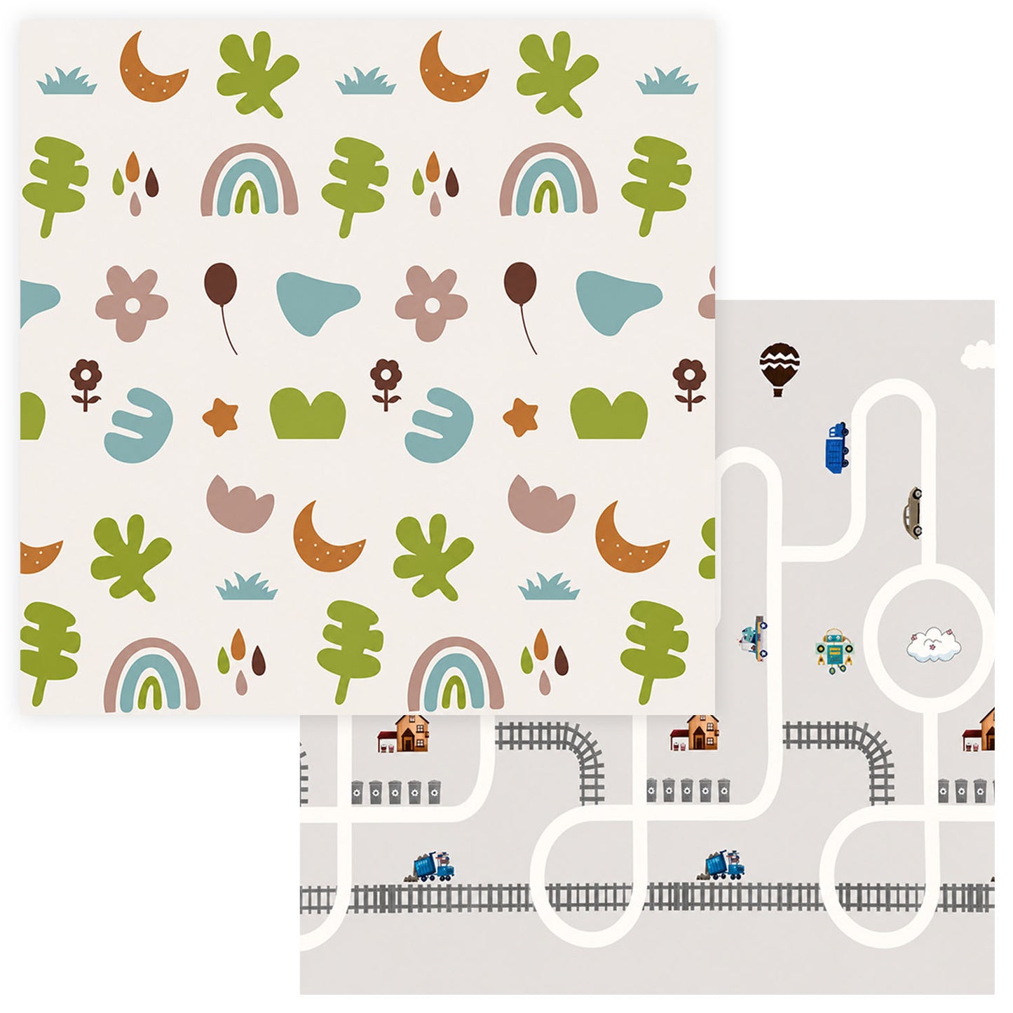 Kiddiko Rainbow Flowers/Rail Roads reversible play mat — flat lay, both sides shown