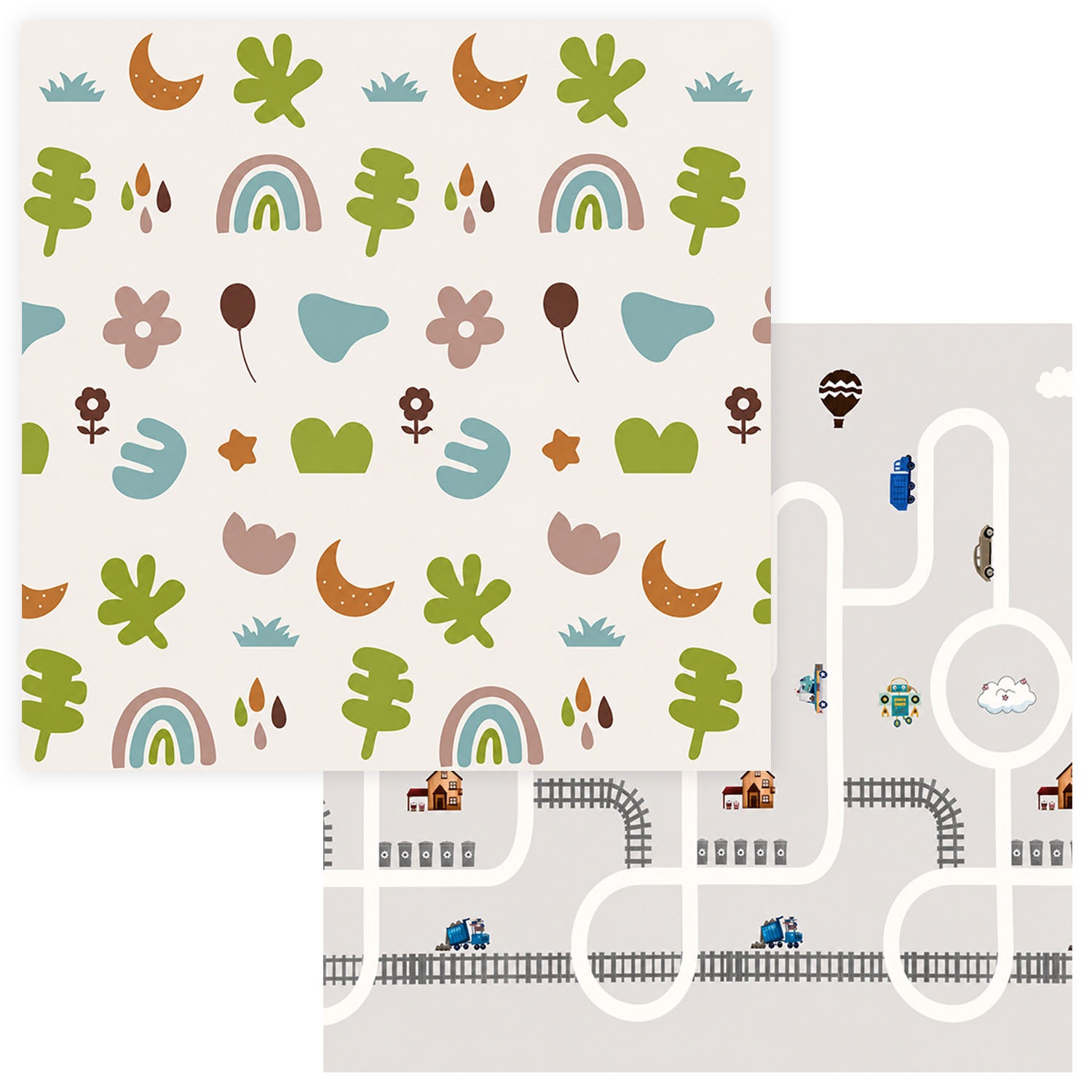 Kiddiko Rainbow Flowers/Rail Roads reversible play mat — flat lay, both sides shown