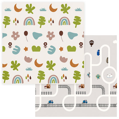 Kiddiko Rainbow Flowers/Rail Roads reversible play mat — flat lay, both sides shown