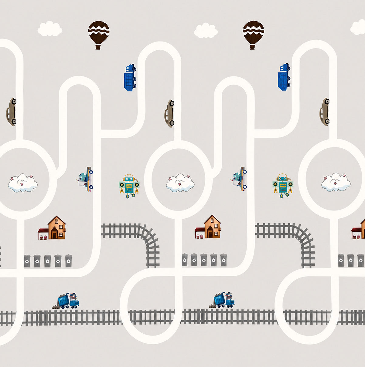 Kiddiko Rainbow Flowers/Rail Roads play mat — close-up of the Rail Roads print