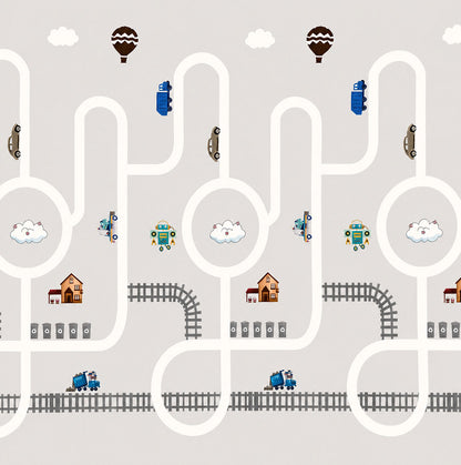 Kiddiko Rainbow Flowers/Rail Roads play mat — close-up of the Rail Roads print