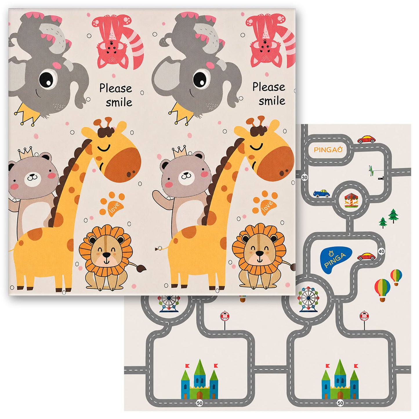 Kiddiko Safari Express/Pinga Road reversible play mat — flat lay, both sides shown